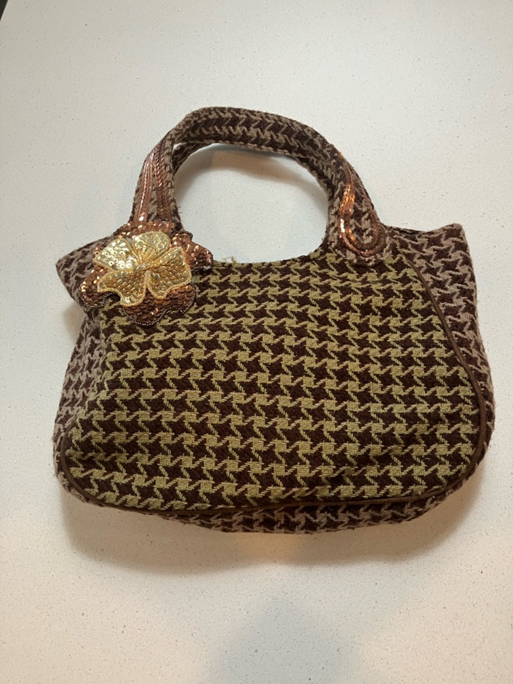 Woven Houndstooth Mini Bag with Gold Sequin Flower
